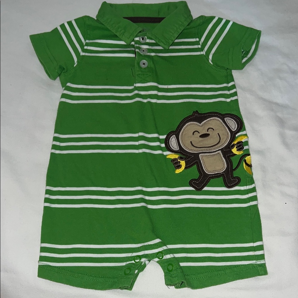 Green Striped Baby Romper with Monkey Patch Carters Size 9M